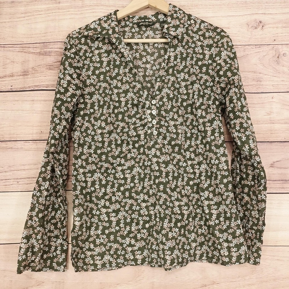 Eddie Bauer Blouse Womens S Green Collared Long Sleeve Floral Lightweight Top